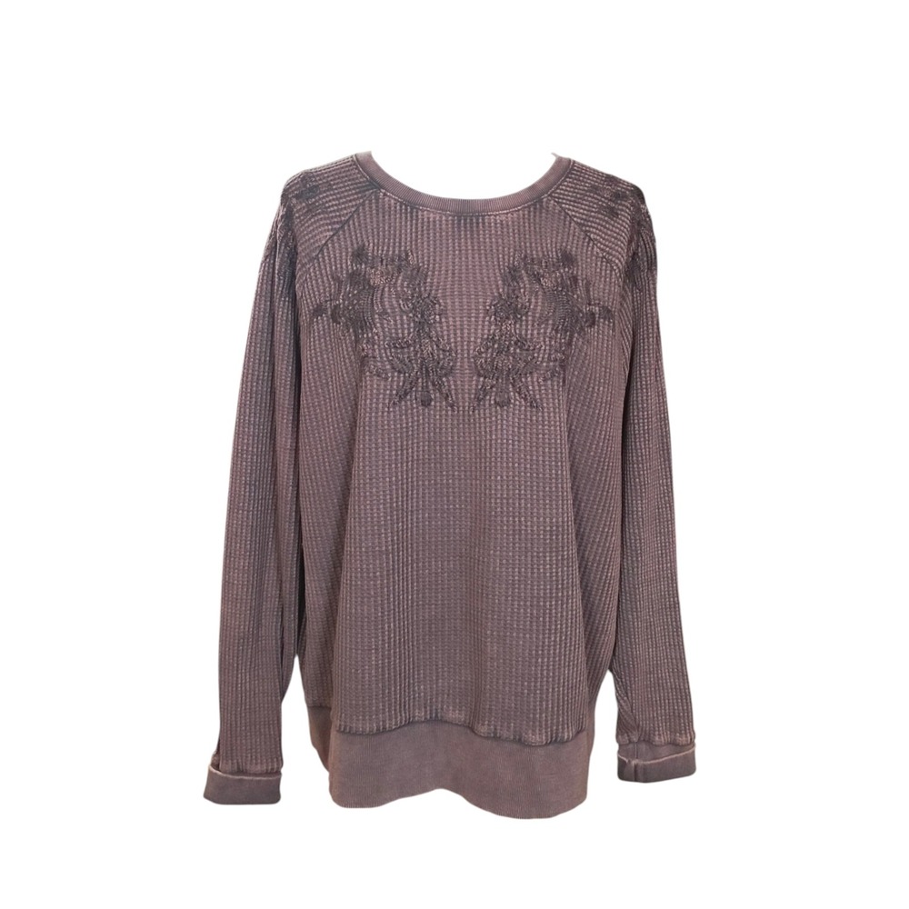 Cleo + Wolf Embroidered Sweatshirt Purple Waffle Knit Thermal Top Cotton Boho XL